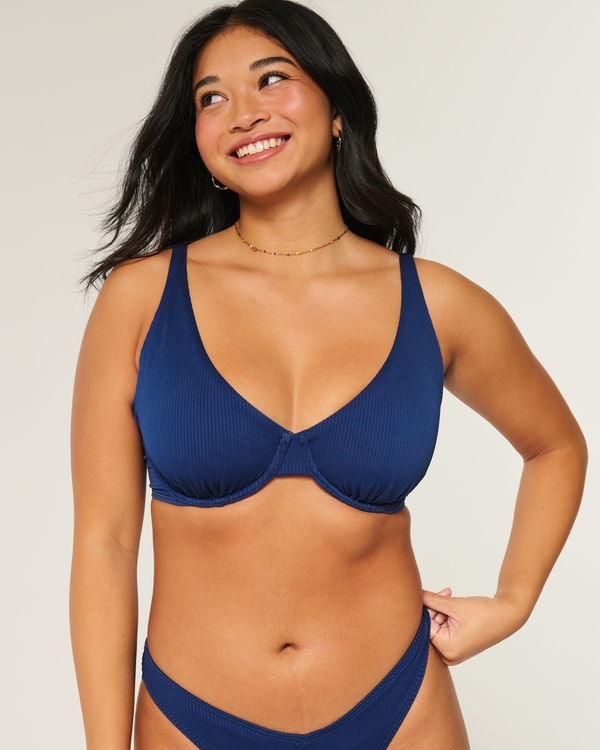 Curvy High Apex Ribbed Underwire Bikini Top, Navy view 1