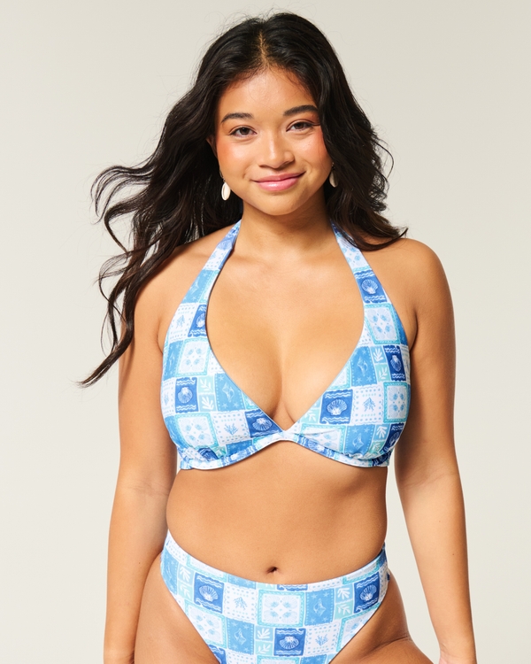 Curvy Reversible Halter Triangle Bikini Top, Light Blue Pattern view 2