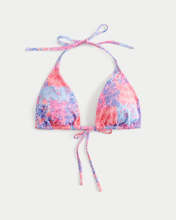 Ribbed Multi-Way Triangle Bikini Top, Pink Print view 2