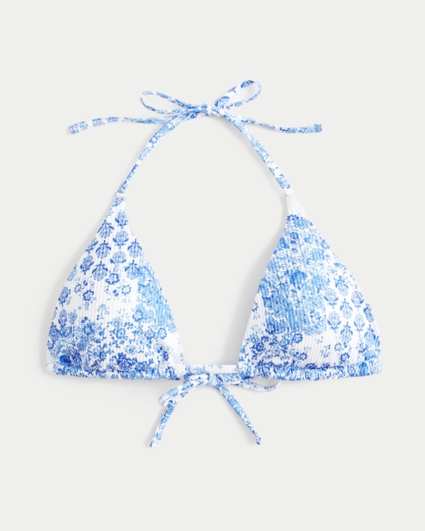 Ribbed Multi-Way Triangle Bikini Top, Blue Floral view 2