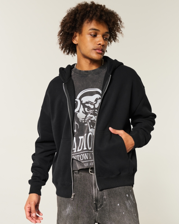 Boxy Zip-Up Hoodie, Black view 2