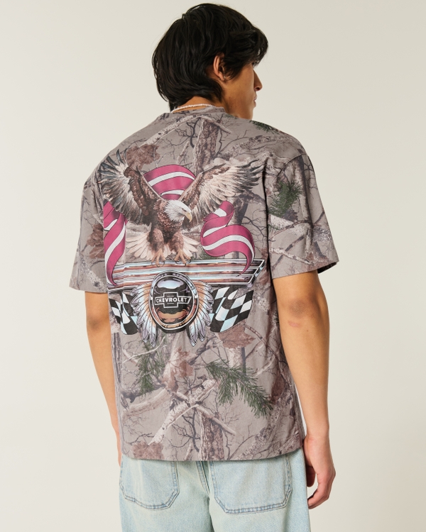 Boxy Heavyweight Chevrolet Graphic Camo Tee, Light Brown Camo view 1