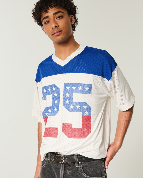 Boxy Crop Number Graphic Jersey, Blue And Cream view 1