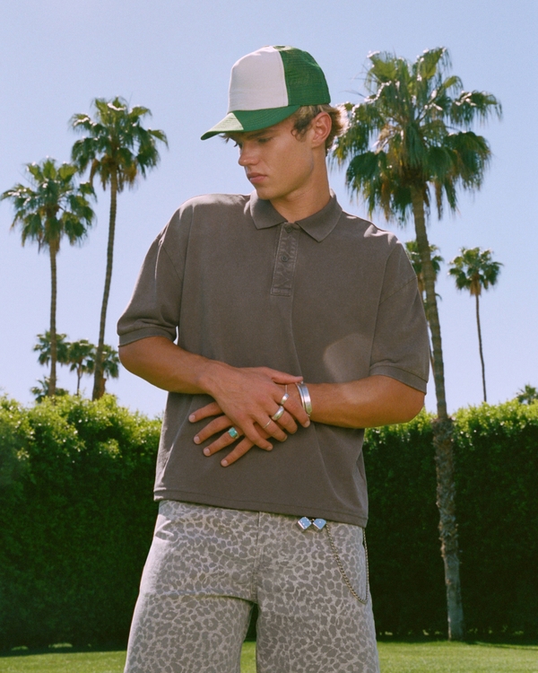Boxy Crop Washed Polo, Washed Dark Brown view 1