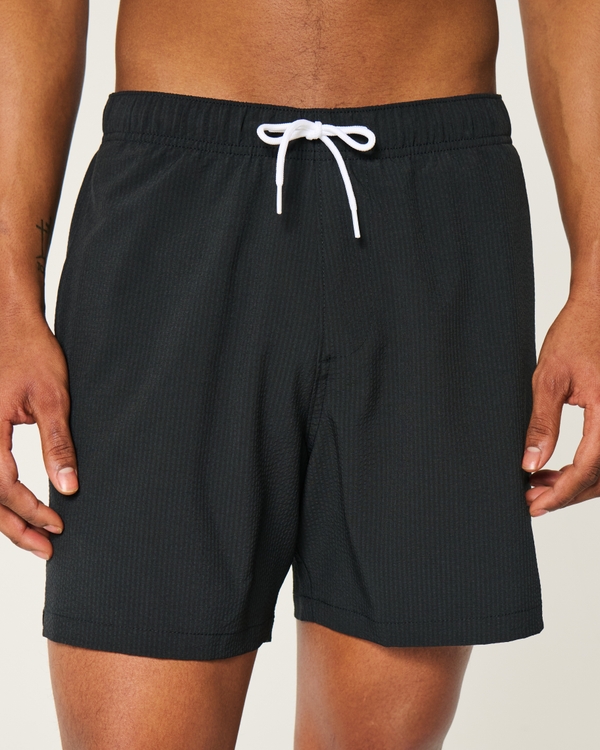 Mid-Thigh Seersucker Volley Swim Trunks, Black view 1