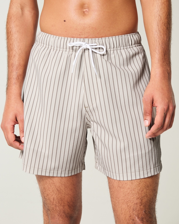 Mid-Thigh Seersucker Volley Swim Trunks, Light Brown Stripe view 1