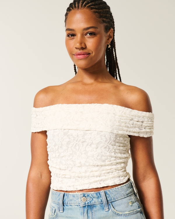 Lace Foldover Off-the-Shoulder Top, Cloud White view 1