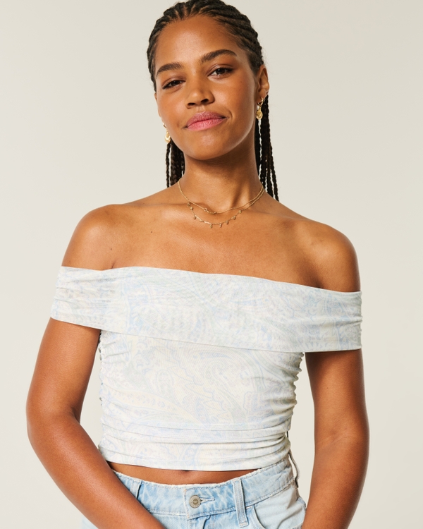 Mesh Foldover Off-the-Shoulder Top, Cloud White Pattern view 1