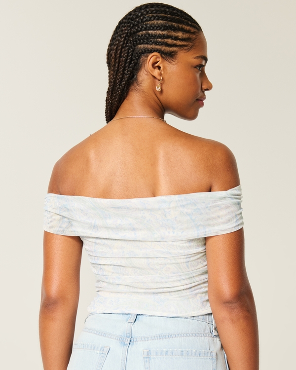 Mesh Foldover Off-the-Shoulder Top, Cloud White Pattern view 2