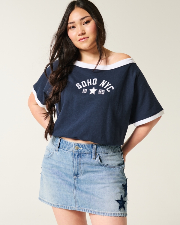 Low-Rise Medium Wash Star Applique Denim Mini Skort, Light Medium view 2