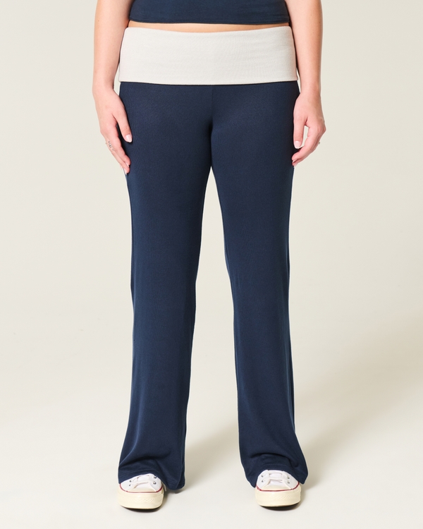 Foldover Waist Knit Flare Pants, Navy Blue view 2