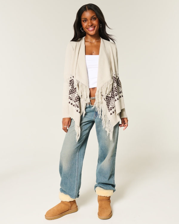 Easy Fringe No-Close Cardigan, Oatmeal Print view 2