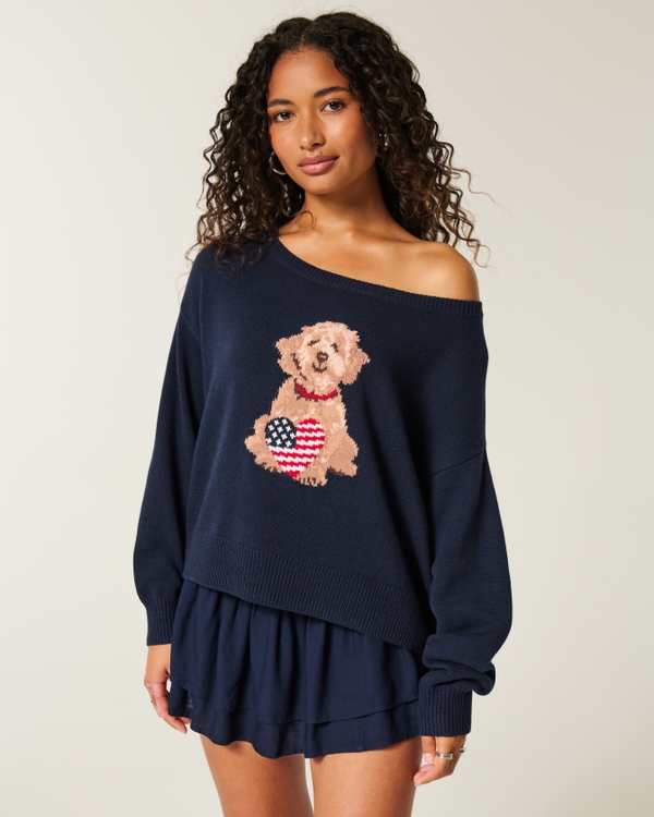 Easy Off-the-Shoulder Dog Graphic Sweater, Navy Blue view 1