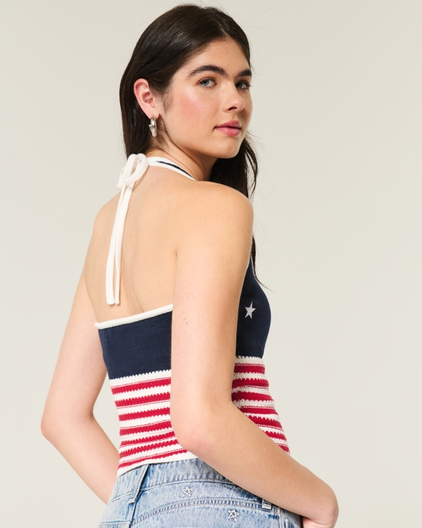 American Flag Pattern Crochet-Style Halter Top, Navy Blue view 2