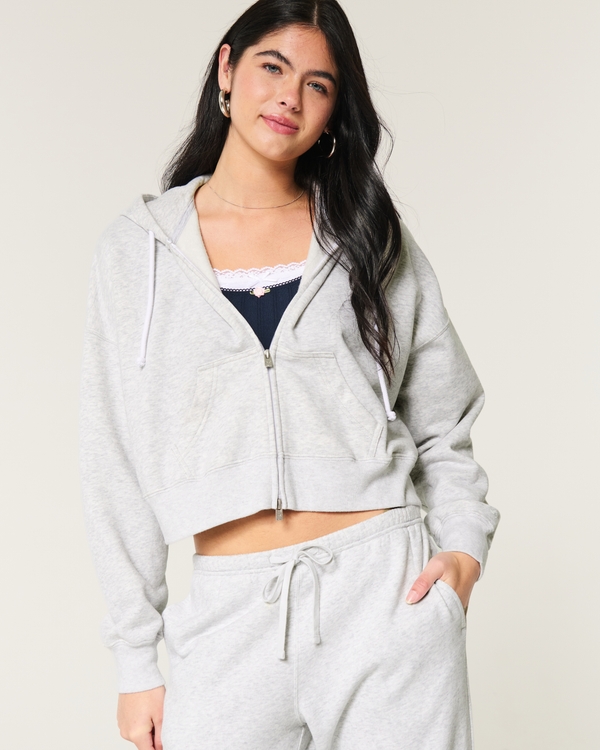 Boxy Zip-Up Hoodie, Light Heather Grey view 1
