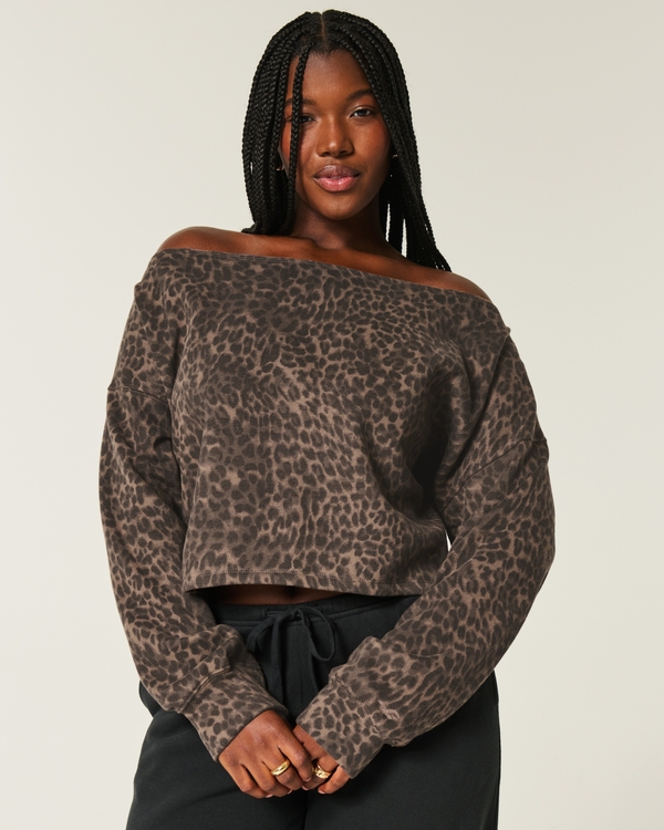 Easy Double Off-the-Shoulder Leopard Print Sweatshirt, Leopard Print view 1