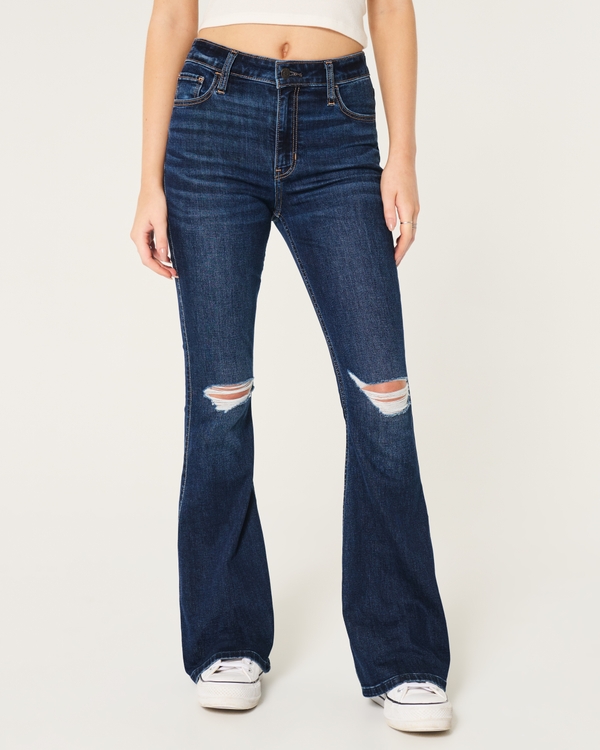 High-Rise Ripped Dark Wash Flare Jeans, Dark Ripped view 2
