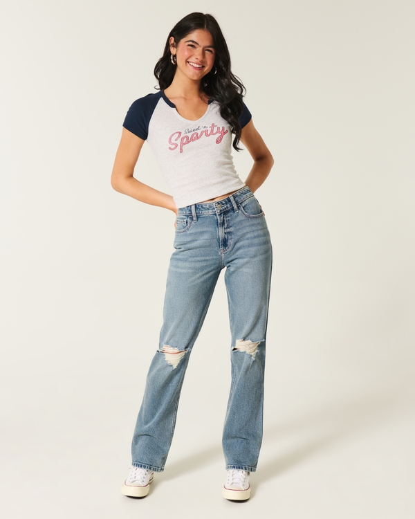 Ripped Medium Wash High-Rise Straight Jeans, Medium Ripped view 1