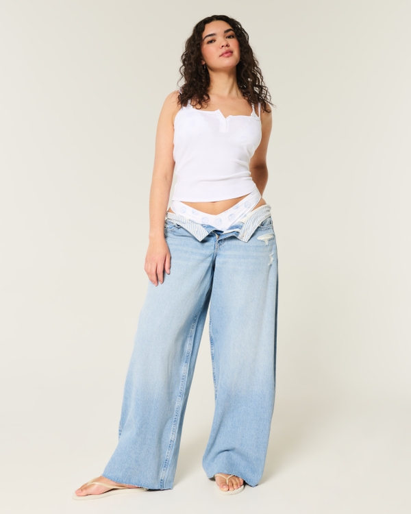Curvy Low-Rise Light Wash Foldover Waist Super Baggy Jeans, Light Ripped Stripe view 1