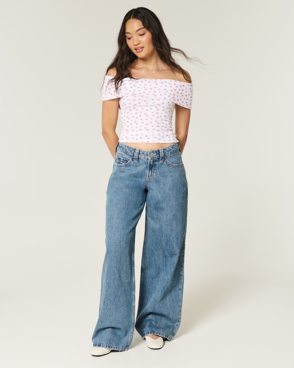 Curvy Low-Rise Medium Wash Shell Embroidery Super Baggy Jeans, Medium view 1