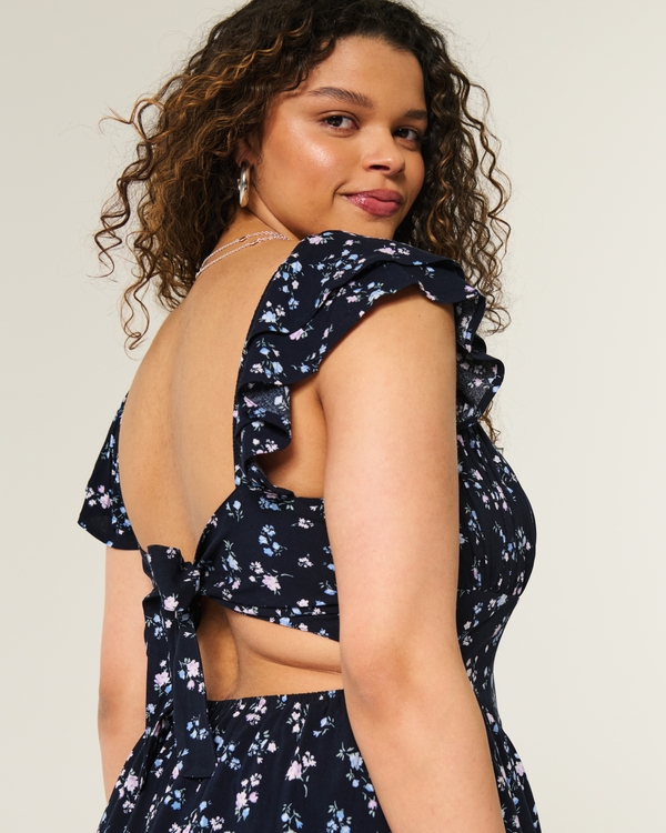 Flutter Sleeve V-Waist Mini Dress, Navy Floral view 2