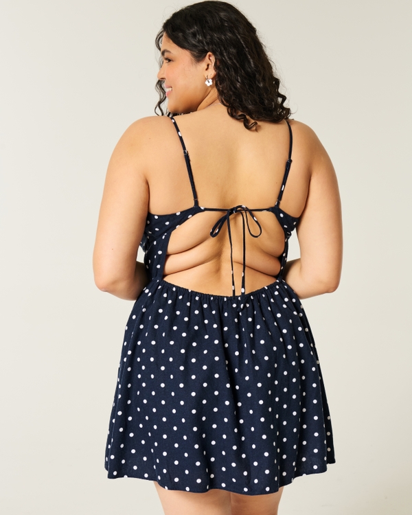 Open-Back Linen-Blend Mini Dress, Navy Blue Dot view 2