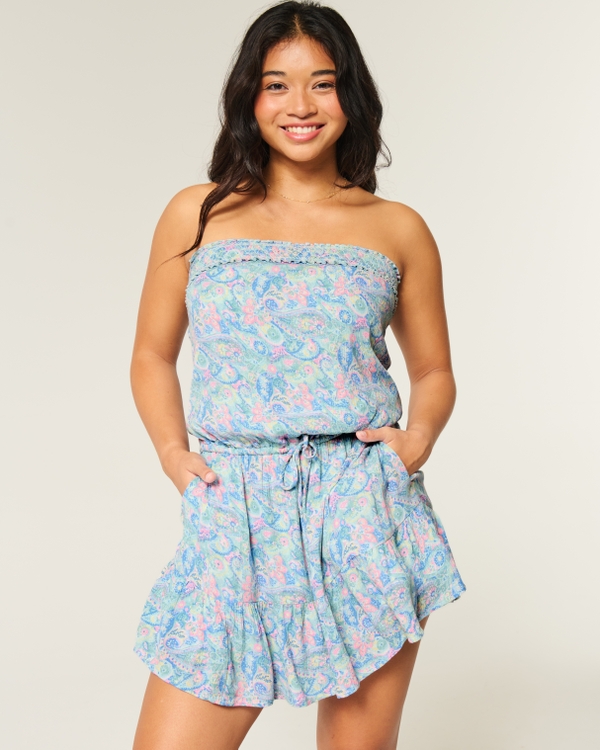 Strapless Drawstring Blouson Mini Dress, Turquoise Print view 2