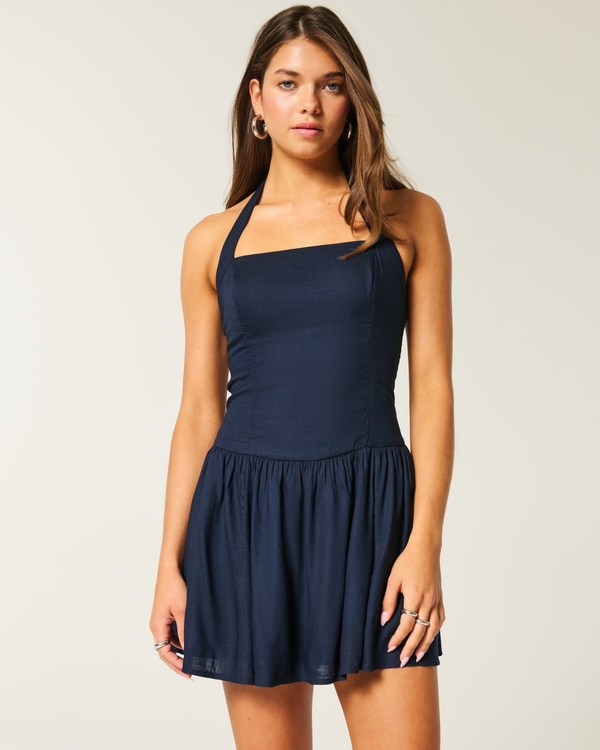 Drop Waist Halter Mini Dress, Navy Blue view 1