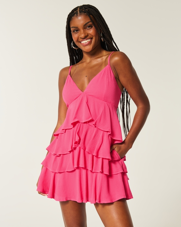 V-Neck Ruffled Tier Babydoll Mini Dress, Raspberry view 1
