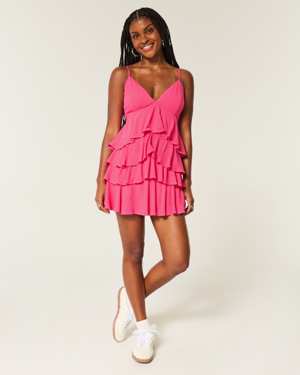 V-Neck Ruffled Tier Babydoll Mini Dress, Raspberry view 2