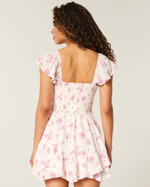 Flutter Sleeve Pinch Bust Mini Skort Dress, White Floral view 2