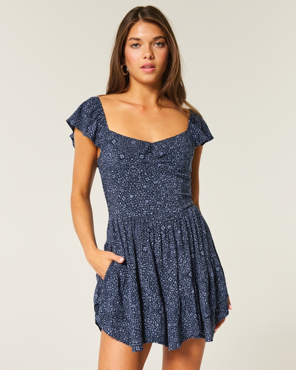Cinch-Bust Mini Skort Dress, Navy Blue Pattern view 1