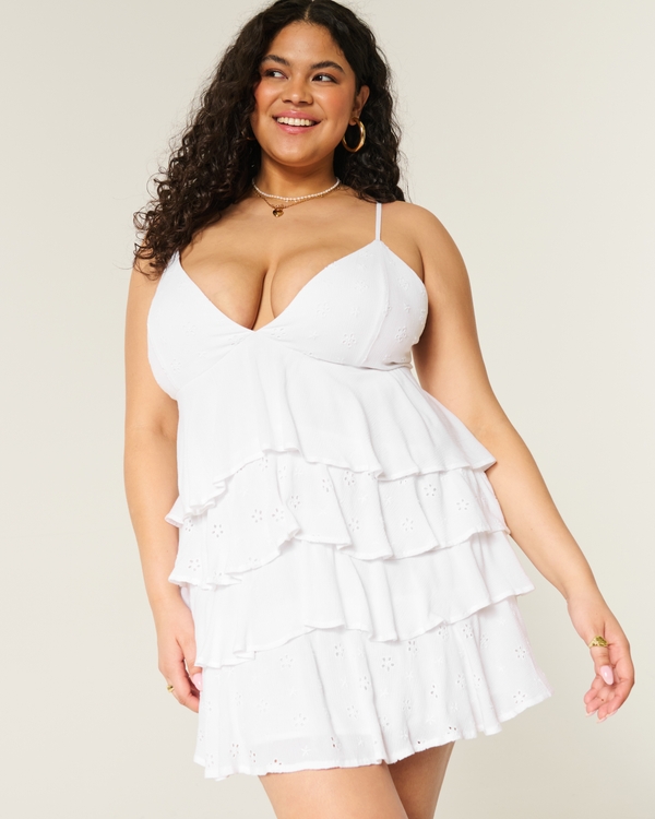 V-Neck Ruffle Babydoll Mini Dress, White view 1