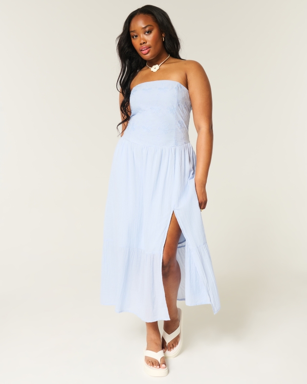 Strapless Embroidered Maxi Dress, Dusk Blue view 1