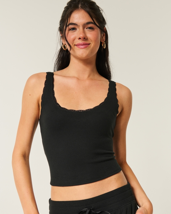 Gilly Hicks Cozy Waffle Lace Trim Tank, Black view 1